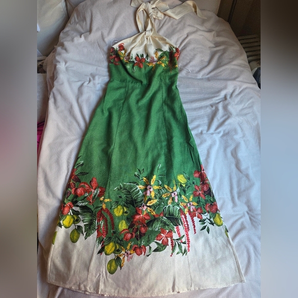 H&M PREMIUM linen-blend halterneck dress floral green/flowers BNWT - Picture 4 of 16